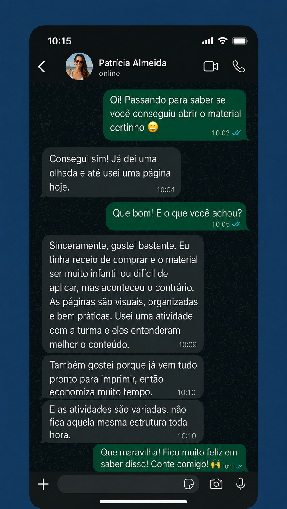 Conversa no WhatsApp sobre o material Francês Visual